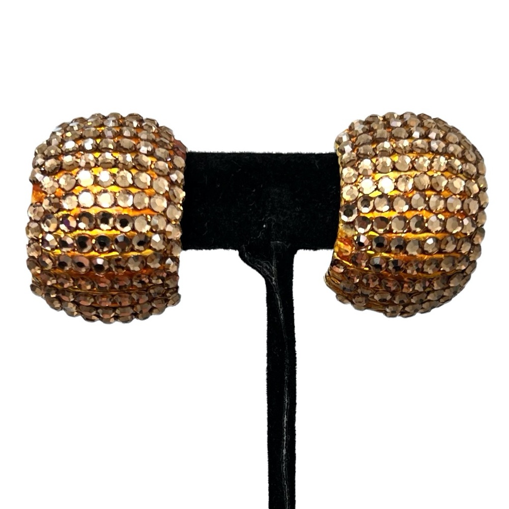 VINTAGE BRONZE CRYSTAL DOMED 80s STYLE CLIP ON EARRINGS